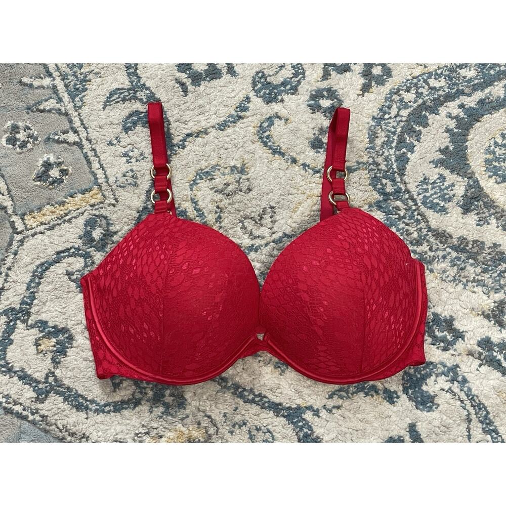 Victoria’s Secret Very Sexy Push Up Bra 36DD Red Lace Gold Hardware